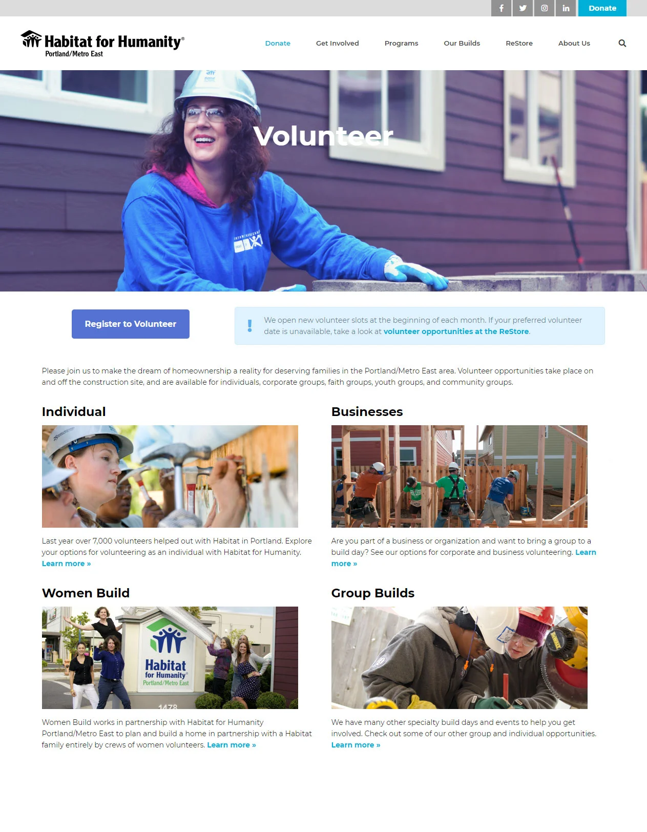 The volunteer portal page before the update.