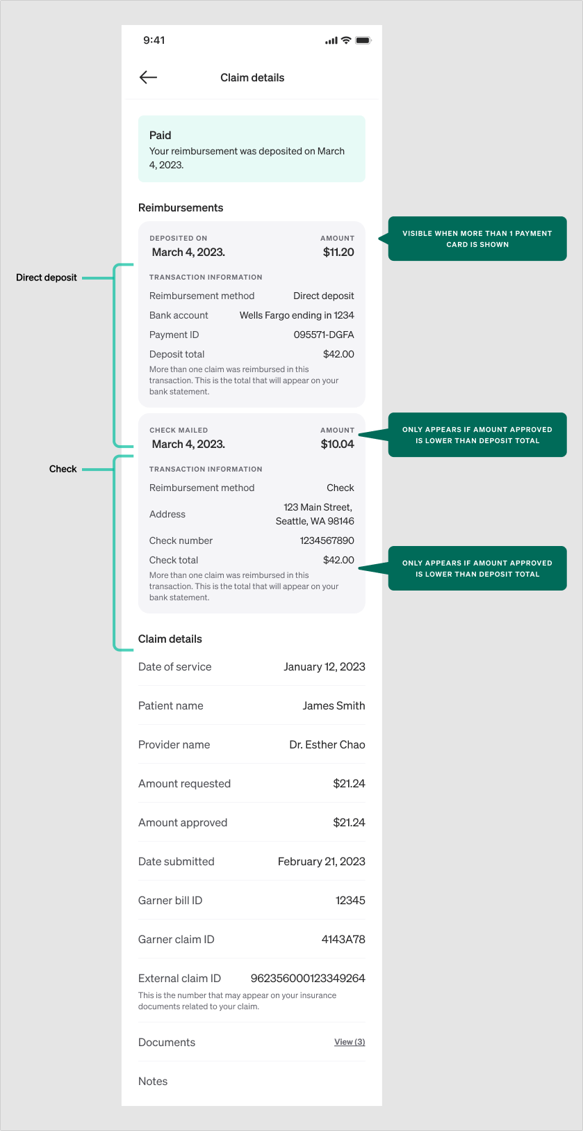 The multi-card reimbursement system, showing how direct deposit and check payments are broken out when a single claim is split across methods.